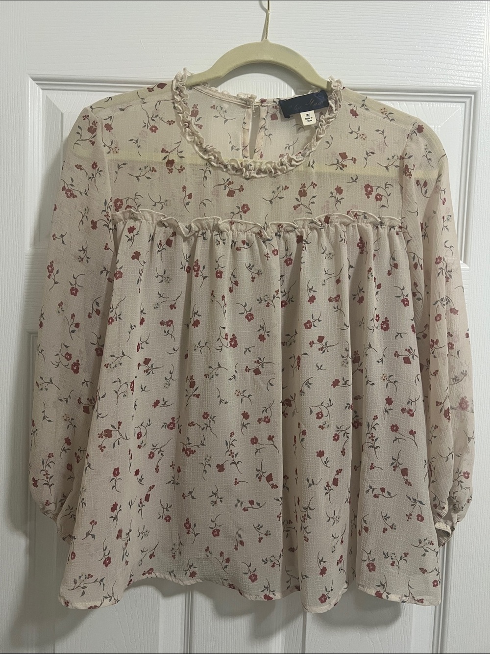 Cream Floral Ruffle-Yoke Blouse